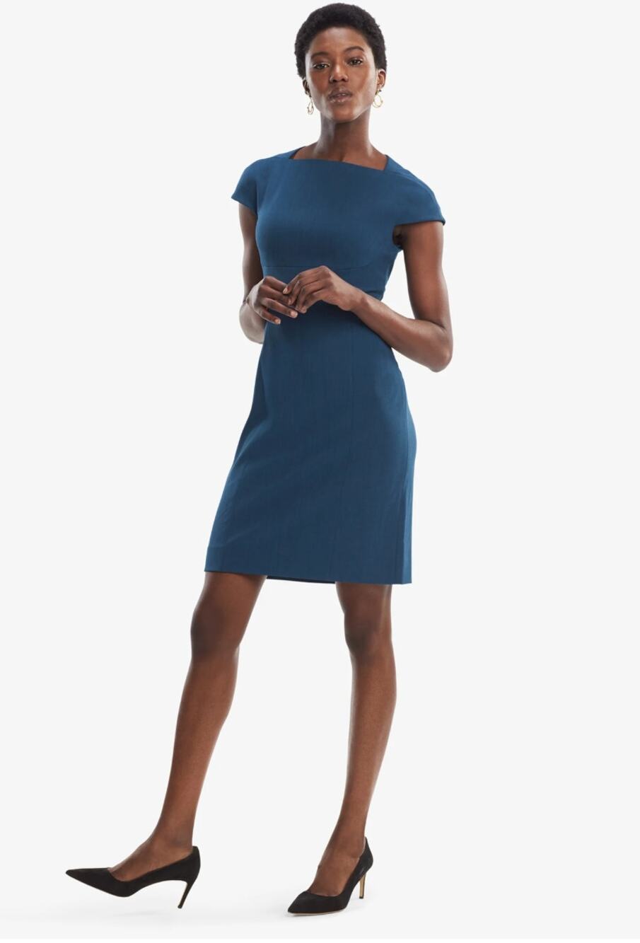 MM LaFleur Ashley Dress 12 Pacific Blue Cap Sleeve Sheath Quiet Luxury Career